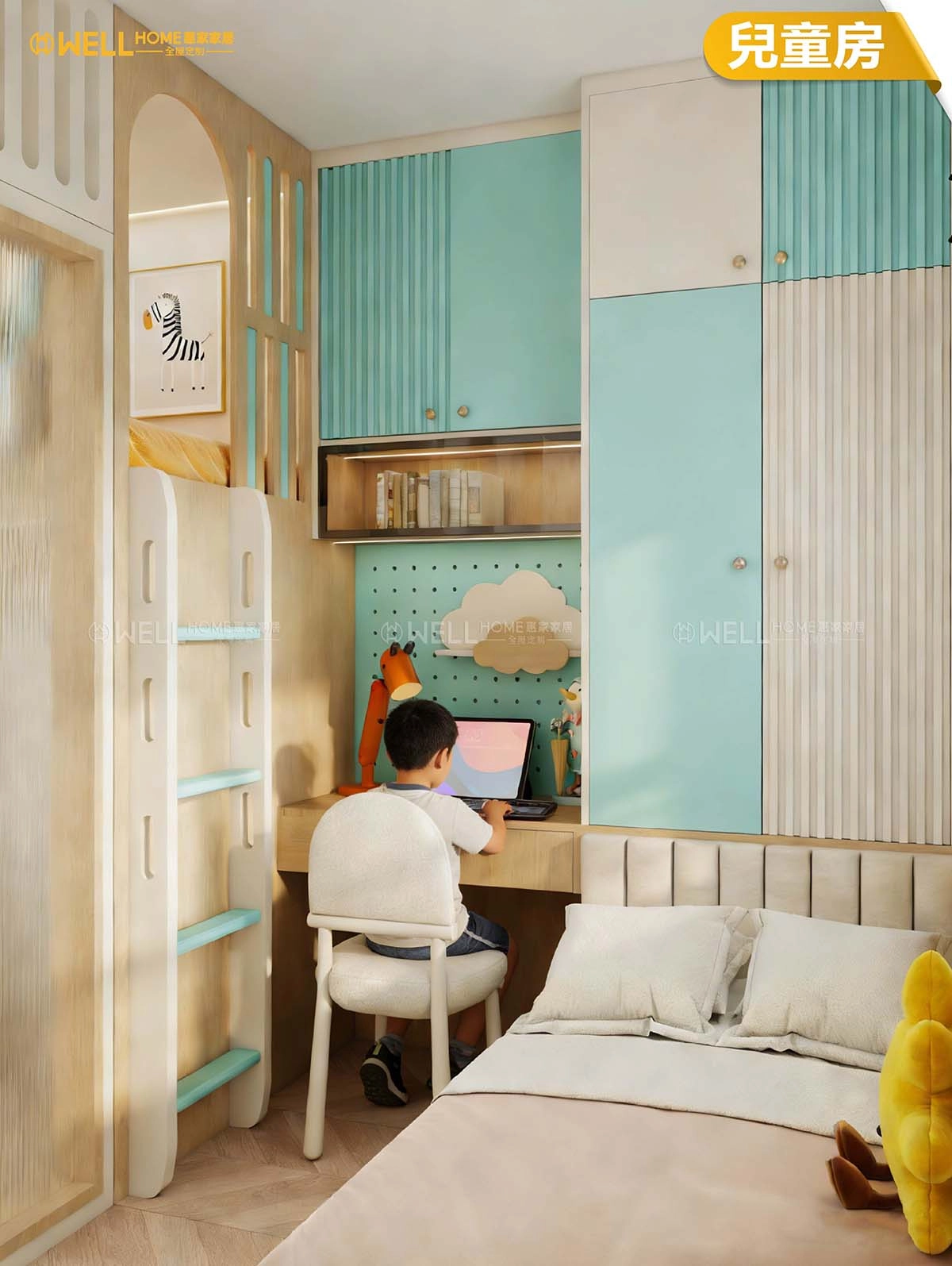 兒童房 簡約日式風左右分區三床設計